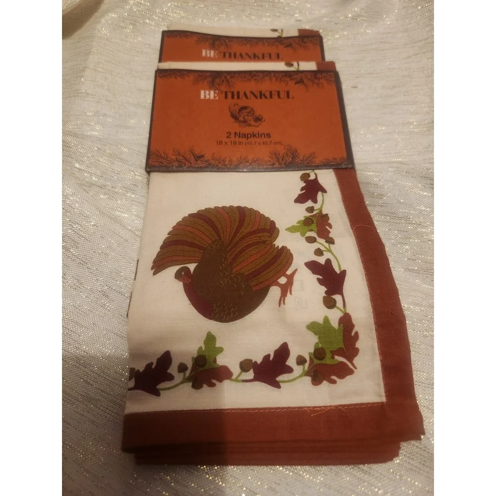 Be Thankful Thanksgiving Turkey Cloth Napkins 100% Cotton Set of 4 NEW 18